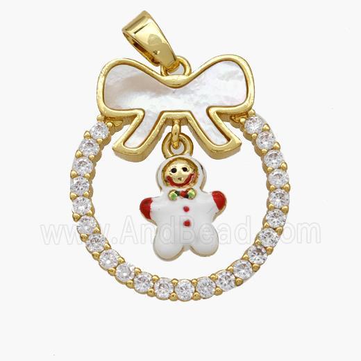 Christmas Snowman Copper Bow Pendant Pave Shell Zirconia Painted 18K Gold Plated