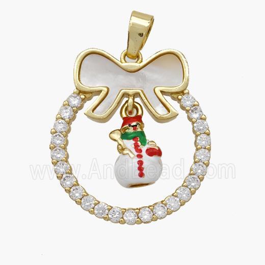 Christmas Snowman Copper Bow Pendant Pave Shell Zirconia Enamel 18K Gold Plated