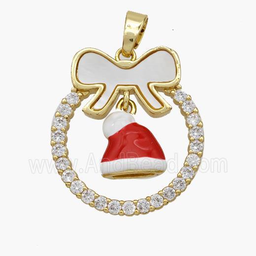 Christmas Hat Copper Bow Pendant Pave Shell Zirconia Enamel 18K Gold Plated