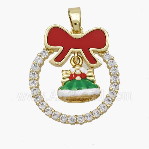 Christmas Hat Copper Bow Pendant Pave Shell Zirconia Painted 18K Gold Plated