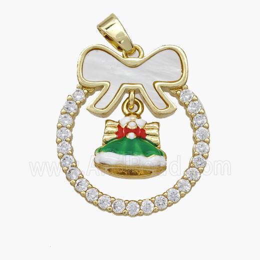 Christmas Hat Copper Bow Pendant Pave Shell Zirconia Painted 18K Gold Plated