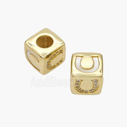 Copper Cube Beads Pave Shell Zirconia Horseshoe Large Hole 18K Gold Plated