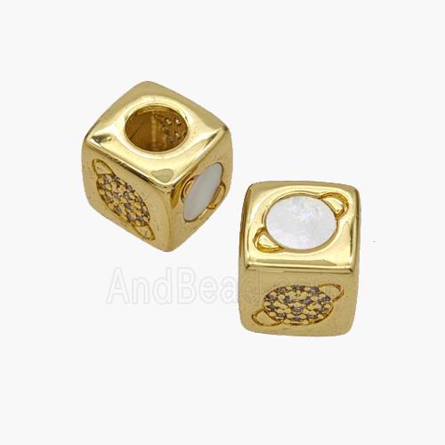 Copper Cube Beads Pave Shell Zirconia Planet Large Hole 18K Gold Plated