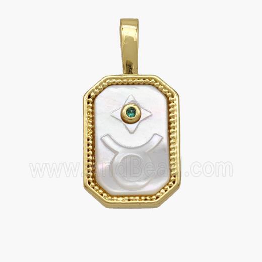 Copper Rectangle Pendant Pave Shell Zodiac Taurus 18K Gold Plated