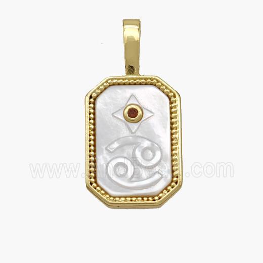 Copper Rectangle Pendant Pave Shell Zodiac Cancer 18K Gold Plated