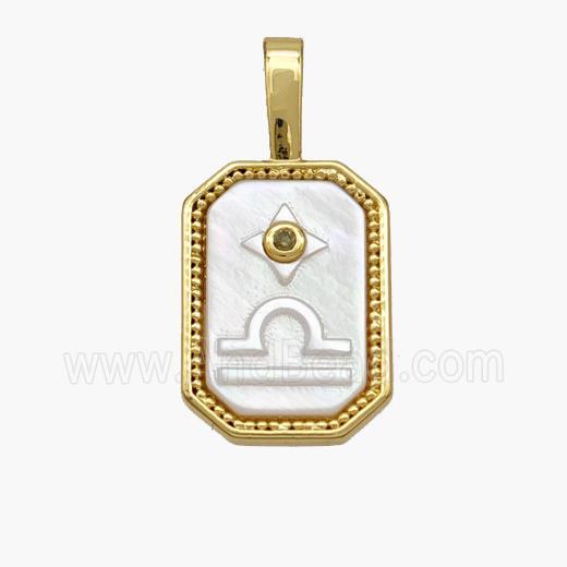 Copper Rectangle Pendant Pave Shell Zodiac Libra 18K Gold Plated