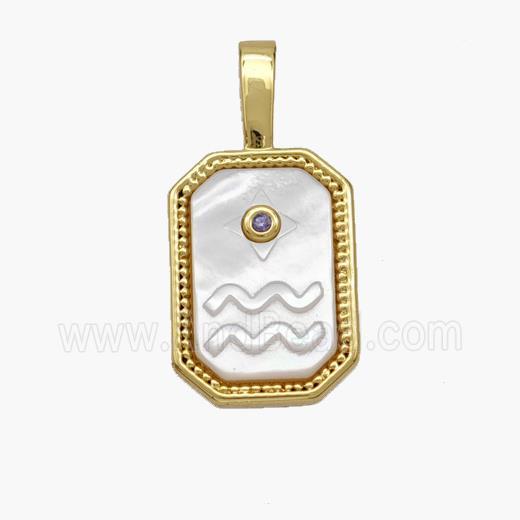 Copper Rectangle Pendant Pave Shell Zodiac Aquarius 18K Gold Plated