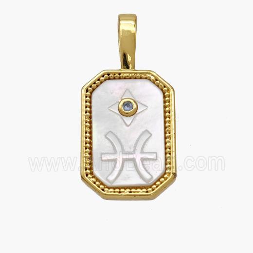 Copper Rectangle Pendant Pave Shell Zodiac Pisces 18K Gold Plated