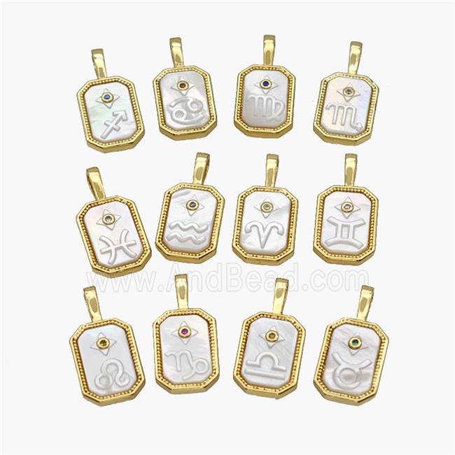 Copper Rectangle Pendant Pave Shell Zodiac 18K Gold Plated Mixed