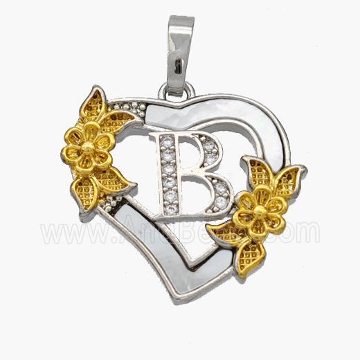 Copper Heart Pendant Pave Shell Zirconia Letter-B Platinum Plated 18K Gold Flower