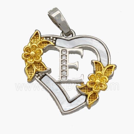Copper Heart Pendant Pave Shell Zirconia Letter-E Platinum Plated 18K Gold Flower