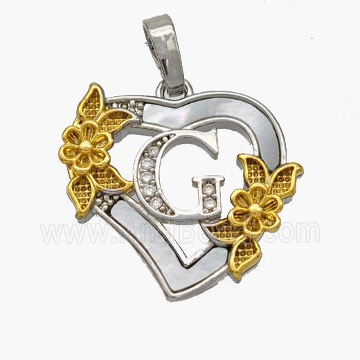 Copper Heart Pendant Pave Shell Zirconia Letter-G Platinum Plated 18K Gold Flower