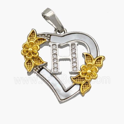 Copper Heart Pendant Pave Shell Zirconia Letter-H Platinum Plated 18K Gold Flower
