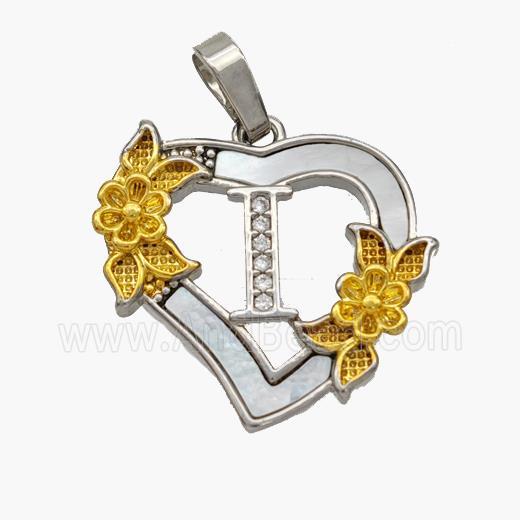 Copper Heart Pendant Pave Shell Zirconia Letter-I Platinum Plated 18K Gold Flower