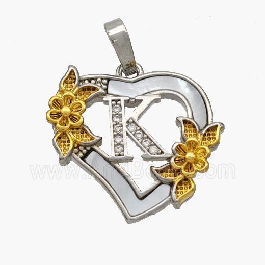 Copper Heart Pendant Pave Shell Zirconia Letter-K Platinum Plated 18K Gold Flower