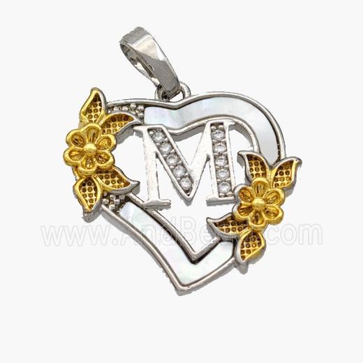 Copper Heart Pendant Pave Shell Zirconia Letter-M Platinum Plated 18K Gold Flower
