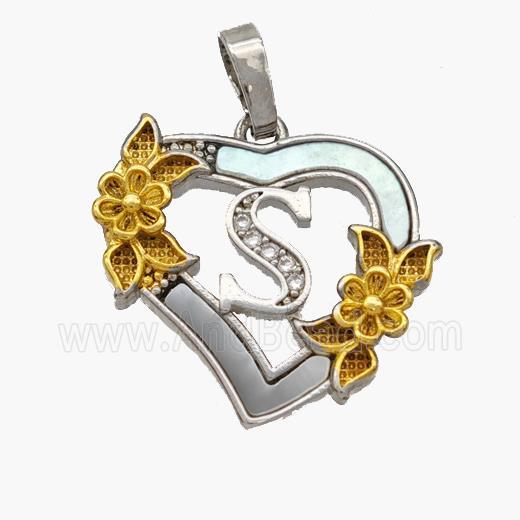 Copper Heart Pendant Pave Shell Zirconia Letter-S Platinum Plated 18K Gold Flower