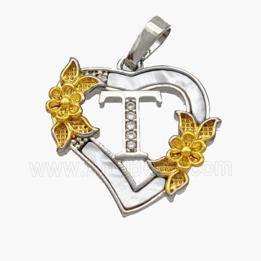 Copper Heart Pendant Pave Shell Zirconia Letter-T Platinum Plated 18K Gold Flower
