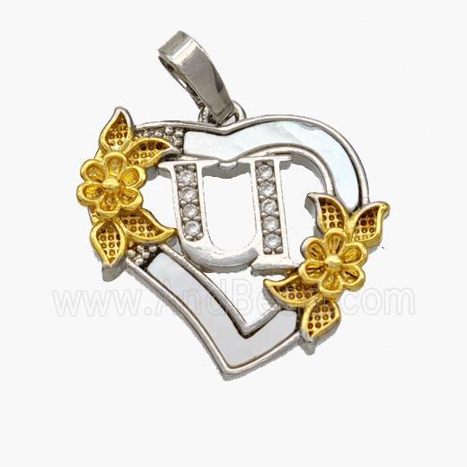 Copper Heart Pendant Pave Shell Zirconia Letter-U Platinum Plated 18K Gold Flower