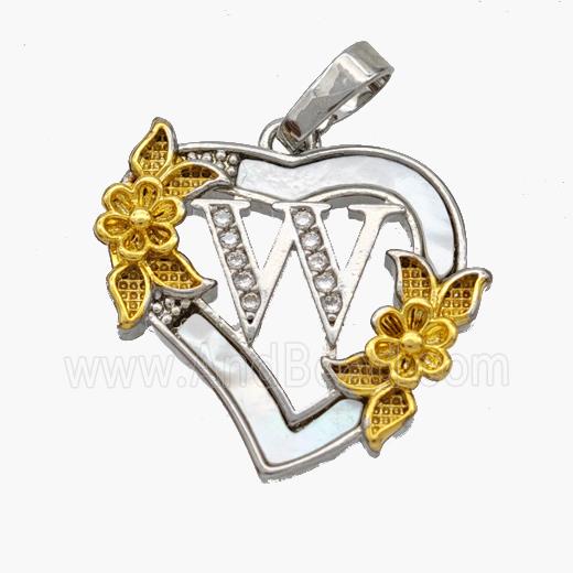 Copper Heart Pendant Pave Shell Zirconia Letter-W Platinum Plated 18K Gold Flower