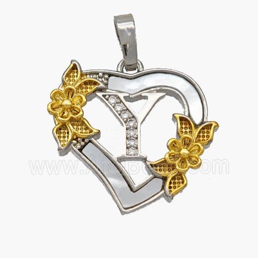Copper Heart Pendant Pave Shell Zirconia Letter-Y Platinum Plated 18K Gold Flower