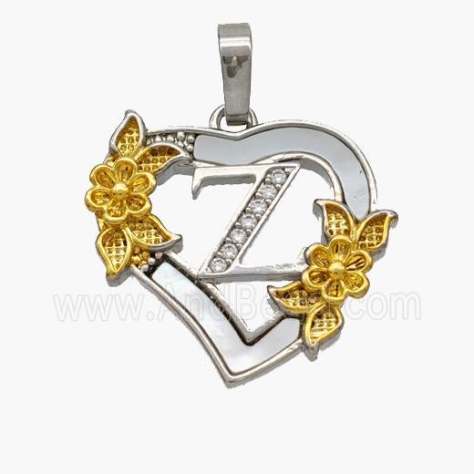 Copper Heart Pendant Pave Shell Zirconia Letter-Z Platinum Plated 18K Gold Flower