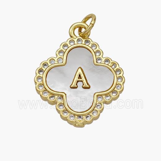 Copper Clover Pendant Pave Shell Zirconia Letter-A 18K Gold Plated