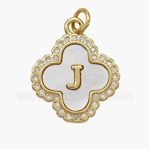 Copper Clover Pendant Pave Shell Zirconia Letter-J 18K Gold Plated