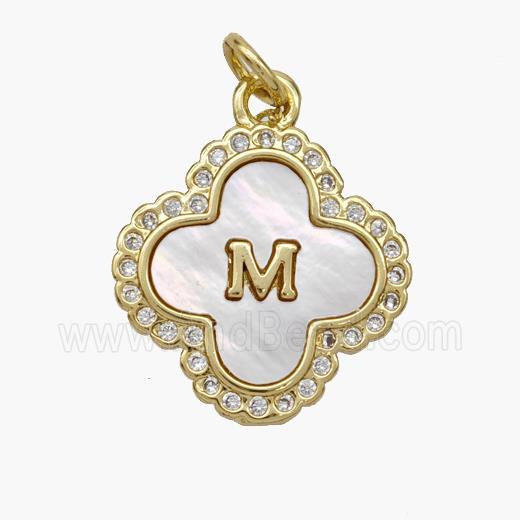 Copper Clover Pendant Pave Shell Zirconia Letter-M 18K Gold Plated
