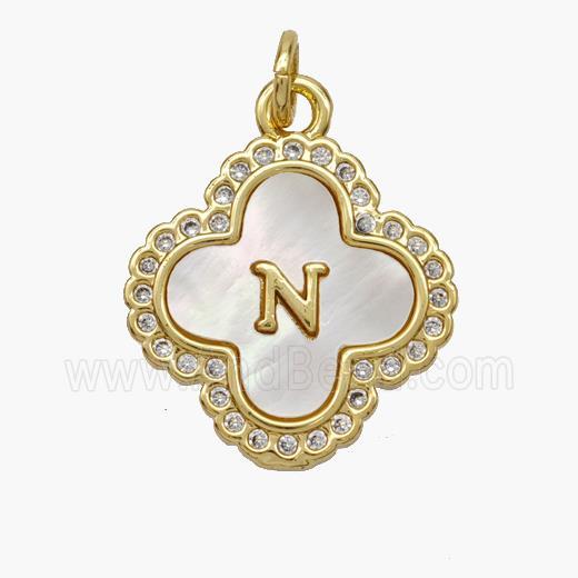 Copper Clover Pendant Pave Shell Zirconia Letter-N 18K Gold Plated