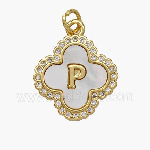 Copper Clover Pendant Pave Shell Zirconia Letter-P 18K Gold Plated