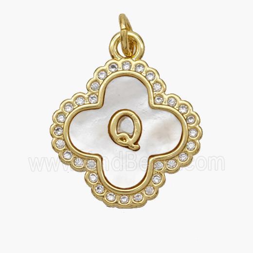 Copper Clover Pendant Pave Shell Zirconia Letter-Q 18K Gold Plated
