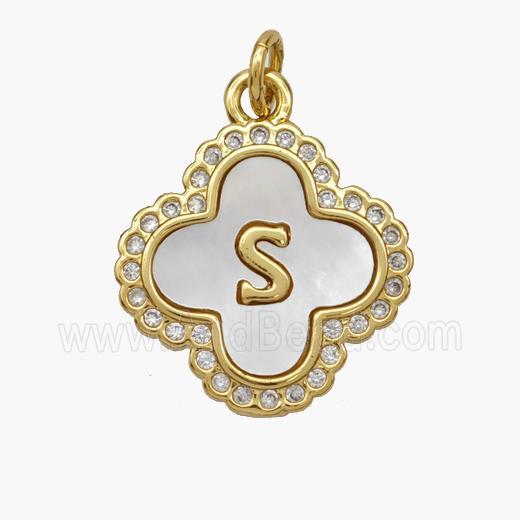 Copper Clover Pendant Pave Shell Zirconia Letter-S 18K Gold Plated