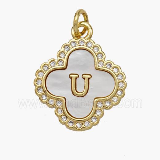 Copper Clover Pendant Pave Shell Zirconia Letter-U 18K Gold Plated