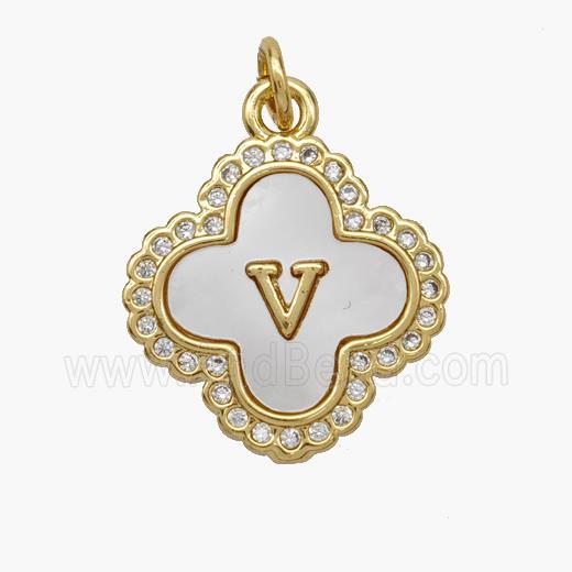 Copper Clover Pendant Pave Shell Zirconia Letter-V 18K Gold Plated