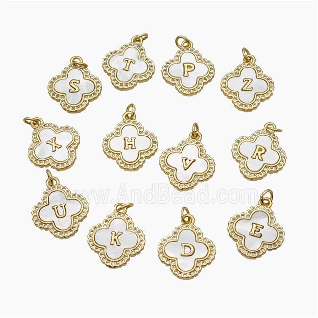 Copper Clover Letter Pendant Pave Shell Zirconia Alphabet 18K Gold Plated Mixed