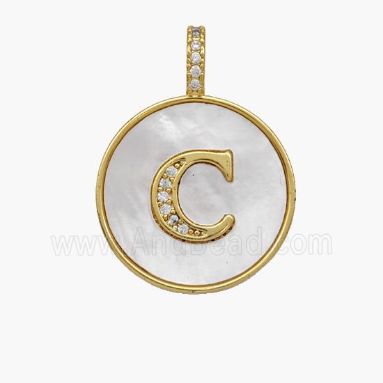 Copper Letter-C Pendant Pave Shell Zirconia Circle 18K Gold Plated