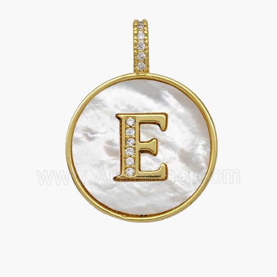 Copper Letter-E Pendant Pave Shell Zirconia Circle 18K Gold Plated
