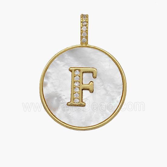 Copper Letter-F Pendant Pave Shell Zirconia Circle 18K Gold Plated