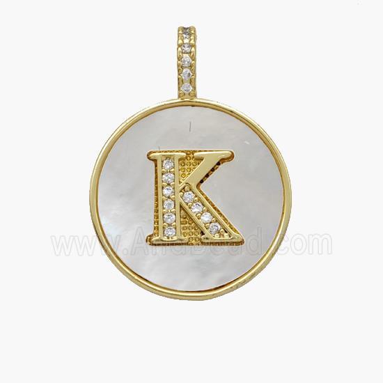 Copper Letter-K Pendant Pave Shell Zirconia Circle 18K Gold Plated