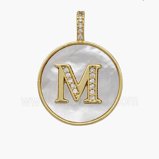 Copper Letter-M Pendant Pave Shell Zirconia Circle 18K Gold Plated