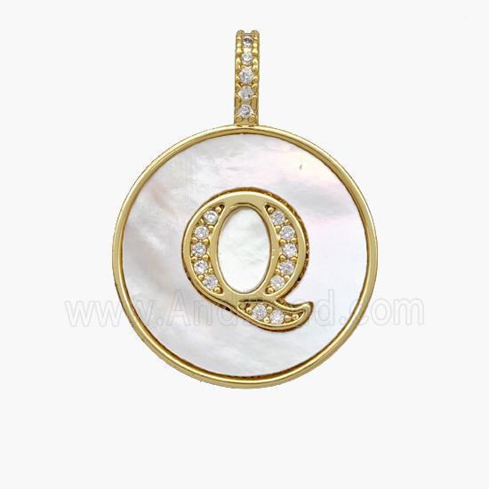 Copper Letter-Q Pendant Pave Shell Zirconia Circle 18K Gold Plated