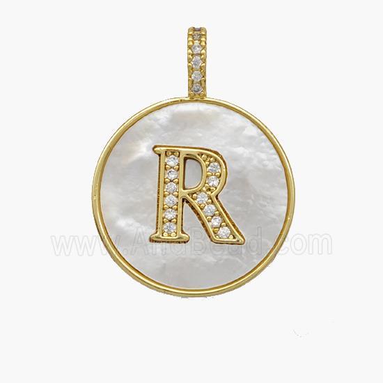 Copper Letter-R Pendant Pave Shell Zirconia Circle 18K Gold Plated