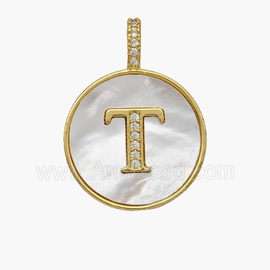 Copper Letter-T Pendant Pave Shell Zirconia Circle 18K Gold Plated