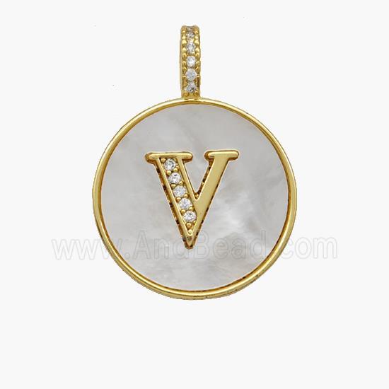 Copper Letter-V Pendant Pave Shell Zirconia Circle 18K Gold Plated