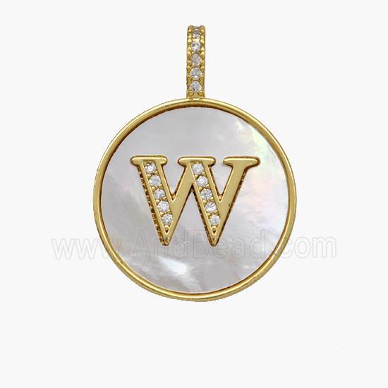 Copper Letter-W Pendant Pave Shell Zirconia Circle 18K Gold Plated