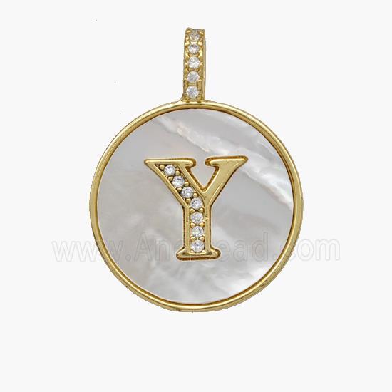 Copper Letter-Y Pendant Pave Shell Zirconia Circle 18K Gold Plated