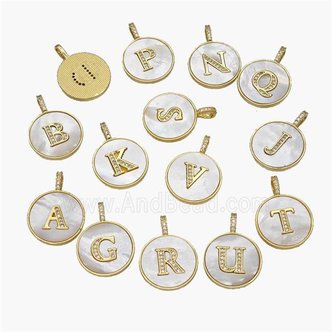 Copper Letter-A Pendant Pave Shell Zirconia Circle Alphabet 18K Gold Plated Mixed