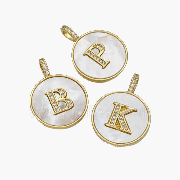 Copper Letter-A Pendant Pave Shell Zirconia Circle Alphabet 18K Gold Plated Mixed