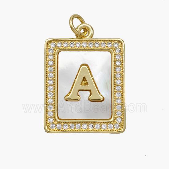 Copper Letter-A Pendant Pave Shell Zirconia Rectangle 18K Gold Plated